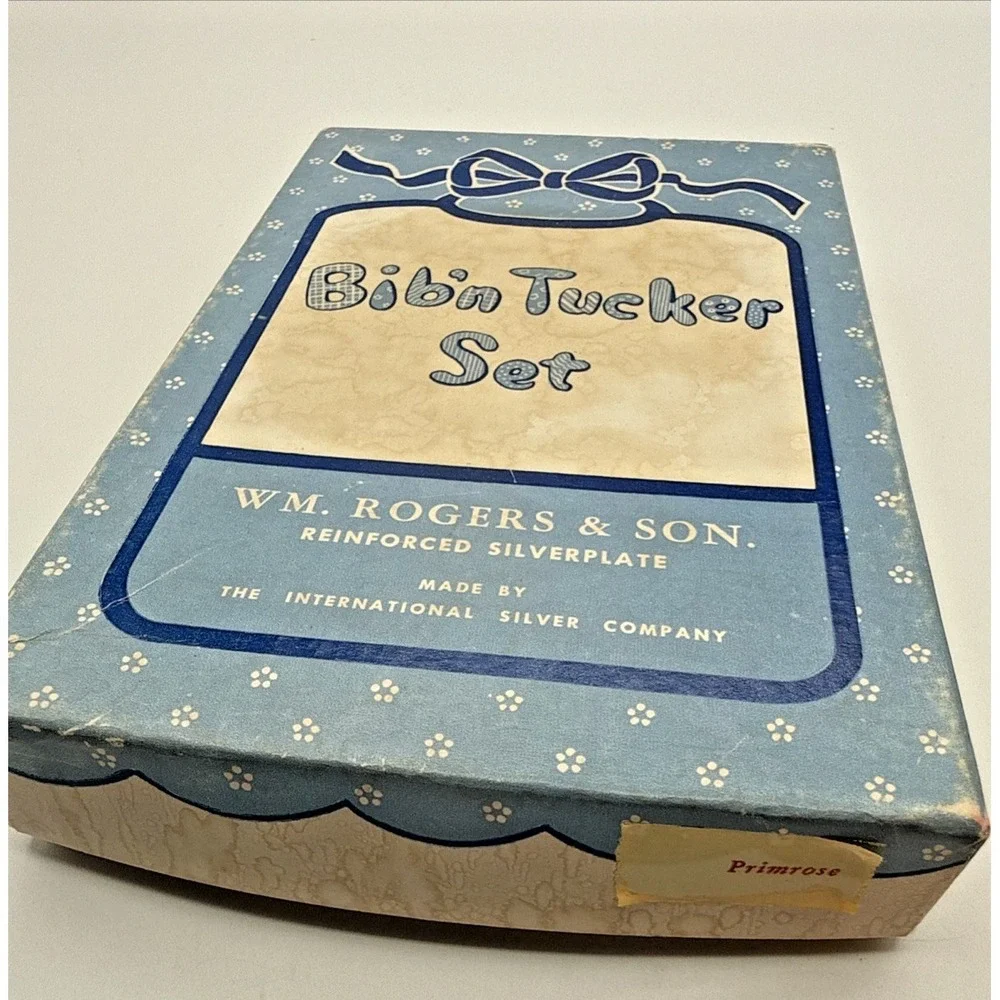 Vtg Rogers & Son Bid'n‎ Tucker Baby Silverware Set bib Fork Spoon Original Box